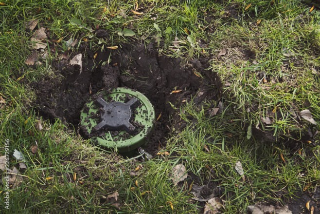 Anti-personnel mine in the ground. dig mine. antipersonnel mine. mining. Demining. Minefield