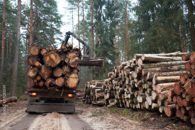 Logging truck loading logs in forest