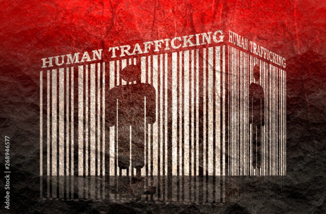 Barcode with human silhouette and human trafficking text within